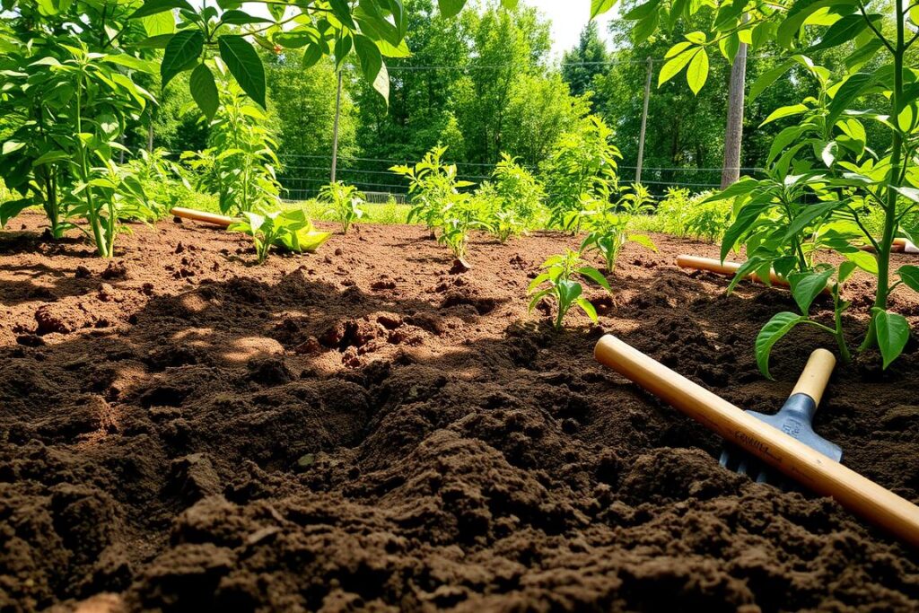 A lush organic pepper garden, soil tilled and prepared for planting. Healthy, dark brown earth with visible tilled ridges, crumbly texture ready to receive seedlings. Sunlight filters through leafy canopy, casting gentle shadows. Wooden garden tools - hoes, rakes, shovels - lie nearby, signifying diligent human care. Faint scent of rich, earthy aroma permeates the air. Verdant backdrop of thriving plants and trees creates a tranquil, sustainable ambiance. The scene conveys a harmonious balance between nature and human cultivation, primed for a bountiful organic pepper harvest.
