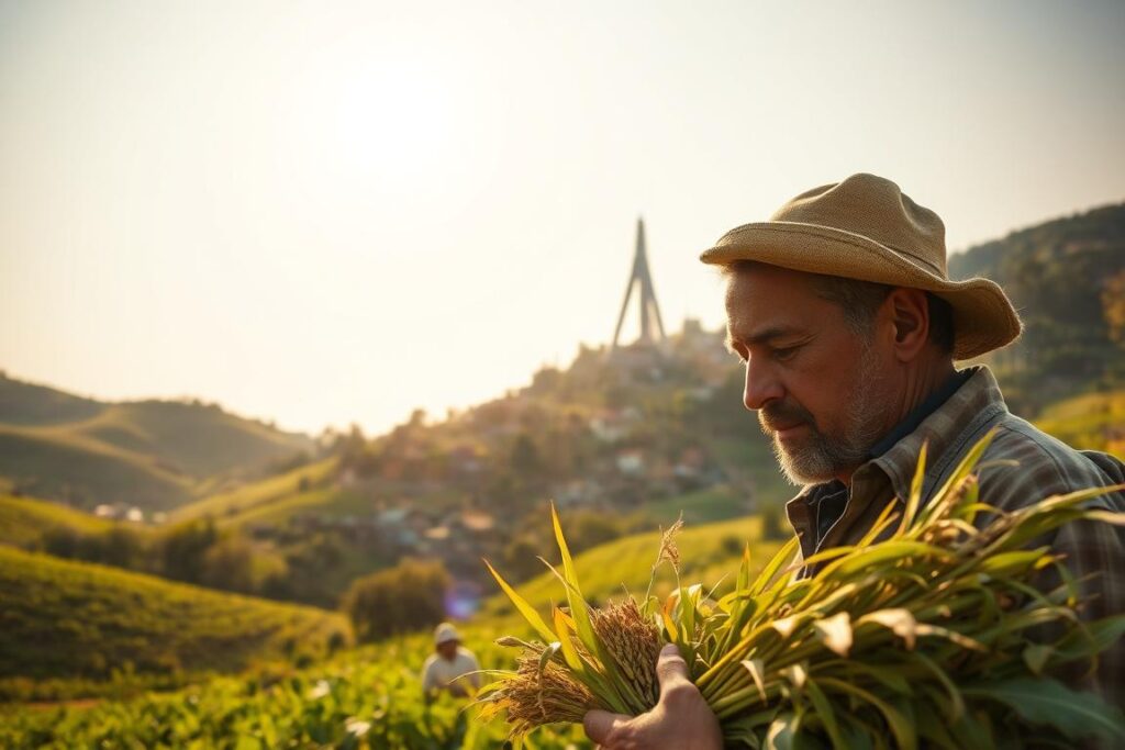 A lush, rolling countryside under a warm, golden afternoon sun. In the foreground, a farmer inspects a bundle of crops, his brow furrowed with contemplation. In the middle ground, a small village nestled among verdant hills, its buildings adorned with traditional architectural details. Towering in the background, a modern, angular structure - a symbol of technological innovation and the challenges of integrating new systems into an established agricultural landscape. The scene conveys a sense of both tradition and progress, with the farmer at the center, navigating the complexities of tokenization to connect his rural community with global investors. The lighting is soft and natural, creating a sense of tranquility and contemplation.