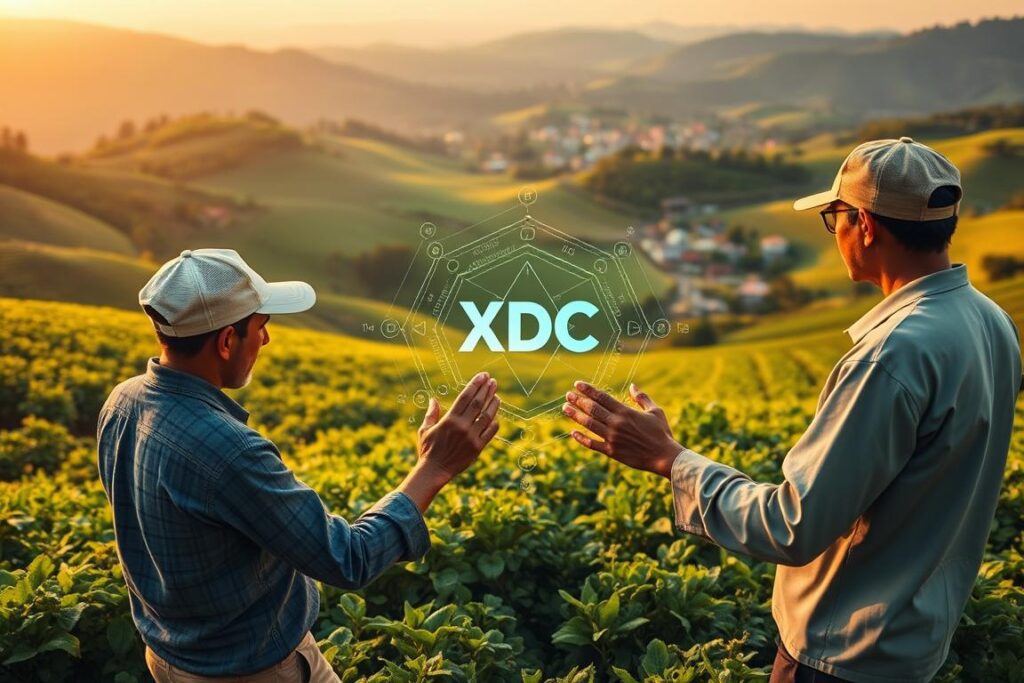 A lush, verdant agricultural landscape unfolds, dotted with rolling hills and vibrant crops. At the center, a group of farmers engage in the tokenization process, their hands deftly interacting with a holographic display that showcases the intricate details of the XDC blockchain platform. The scene is bathed in a warm, golden light, creating a sense of productivity and prosperity. In the background, a town nestled among the fields hints at the interconnectedness of the rural community. The overall atmosphere conveys the empowerment and financial security that the agricultural tokenization brings to these small-scale farmers, enabling them to secure timely credit and access new markets.