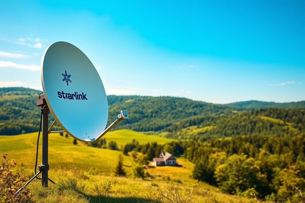 A lush, verdant countryside landscape with rolling hills and a vibrant blue sky. In the foreground, a sturdy satellite dish stands tall, emblazoned with the Starlink logo, capturing the rapid, stable internet connection beaming down from the satellite constellation above. In the middle ground, a small rural farmhouse nestled among the trees, its residents enjoying the seamless, lightning-fast internet service. The background is filled with a serene, tranquil forest, the sunlight filtering through the canopy and casting a warm, golden glow over the entire scene. The composition captures the power and reliability of Starlink's rural internet solution, showcasing its ability to bring high-speed connectivity to even the most remote, off-the-grid locations.