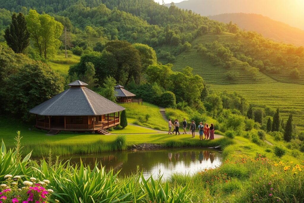 A lush, verdant countryside scene of a small eco-tourism resort nestled amidst a recently reforested area. In the foreground, a wooden cabin with a thatched roof and a wraparound porch overlooking a tranquil lake. Surrounded by a diverse array of native trees and vibrant wildflowers. In the middle ground, a group of guests enjoying outdoor activities like hiking, birdwatching, and picnicking. In the background, rolling hills covered in a patchwork of young forest growth, with the sun peeking through the canopy, casting a warm, golden glow. The atmosphere is one of peaceful serenity and harmony between nature and sustainable human presence. Photographed with a wide-angle lens to capture the full scope of the idyllic rural eco-tourism setting.