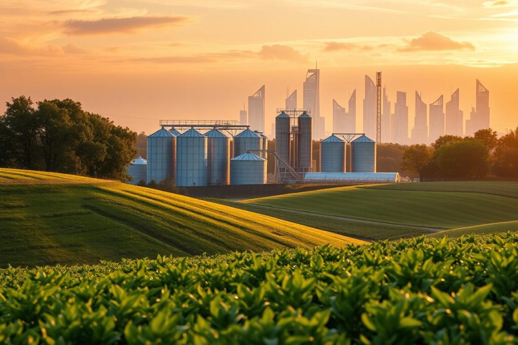 A lush, verdant farmland with rolling hills and flourishing crops in the foreground. In the middle ground, a modern agricultural processing facility with gleaming silos and futuristic machinery. The background features a vibrant, blockchain-inspired skyline with towering towers of digital data, representing the integration of decentralized finance and traditional agriculture. Warm, golden lighting casts a serene glow over the scene, emphasizing the harmony between technology and nature. The composition is balanced, with a sense of progress and innovation complementing the timeless beauty of the rural landscape. The overall mood is one of optimism and progress, capturing the transformative potential of tokenization in the agricultural industry.
