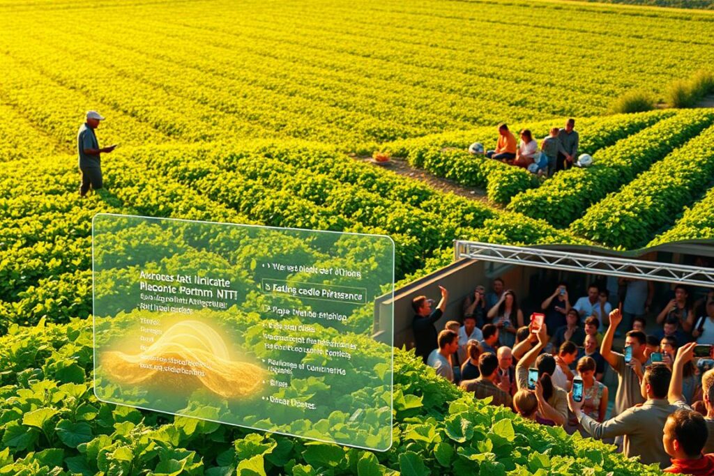 A lush, verdant field of crops stretches out, with a farmer proudly surveying their thriving agricultural NFT. In the foreground, a transparent holographic display showcases the NFT's unique provenance and attributes, highlighted by warm, golden lighting. In the middle ground, a team of digital marketing experts strategize, crafting engaging social media posts and targeted advertising campaigns to promote the NFT's value and traceability. In the distance, a bustling marketplace teems with potential buyers, their smartphones held high as they bid on the exclusive digital certificates of ownership. The scene conveys a harmonious blend of traditional farming, cutting-edge technology, and savvy marketing tactics to elevate the perceived worth of these innovative agricultural NFTs.