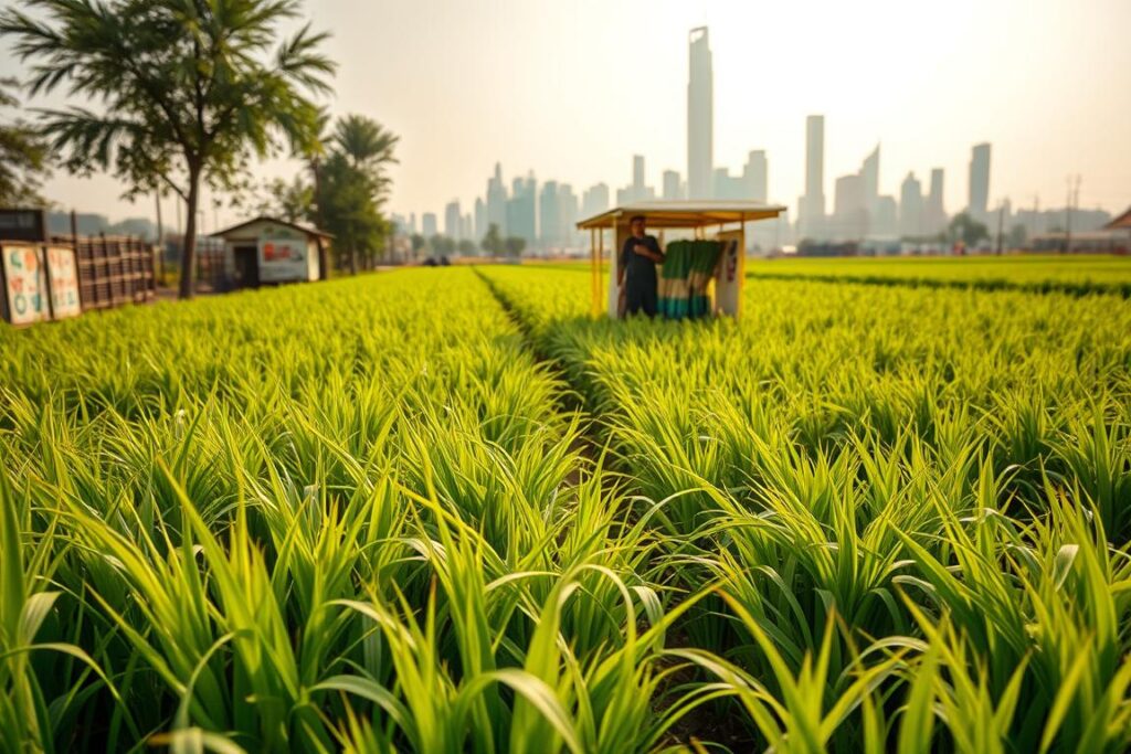 A lush, verdant field of isoponic grass sways gently in the warm afternoon sunlight. In the foreground, a farmer carefully tends to the crop, examining the vibrant blades with a keen eye. The middle ground showcases a small but thriving market stall, where the farmer expertly displays bundles of the nutrient-rich grass, inviting passersby to purchase the fresh, sustainable produce. In the background, a bustling urban skyline provides a striking contrast, hinting at the commercial potential of this innovative agricultural endeavor. The scene is captured with a cinematic wide-angle lens, highlighting the scale and abundance of the isoponic grass cultivation while conveying a sense of harmony between the rural and the urban, the traditional and the modern.