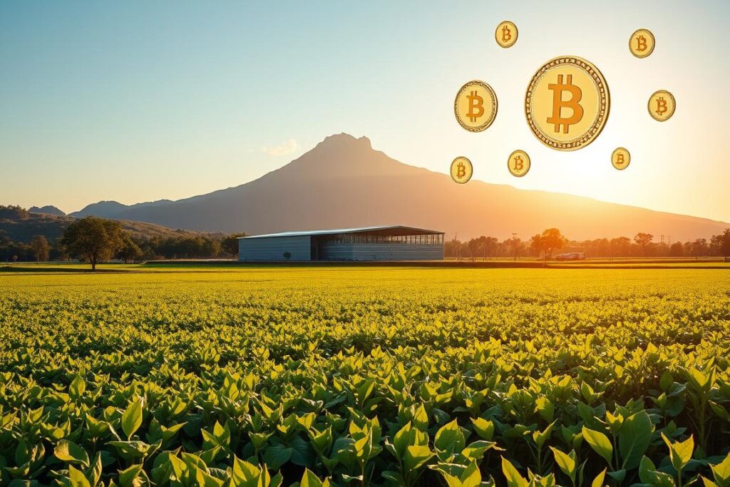 A lush, verdant field stretches across the foreground, dotted with vibrant green crops. In the middle ground, a modern agricultural facility stands, its sleek, angular architecture blending seamlessly with the surrounding landscape. Towering in the background, a dramatic mountain range, its peaks piercing the sky, creates a striking contrast. The scene is bathed in warm, golden sunlight, casting long shadows and highlighting the intricate textures of the crops and buildings. Against this serene, natural backdrop, a series of shimmering blockchain tokens float, representing the innovative financial technologies that are transforming the future of agricultural financing.