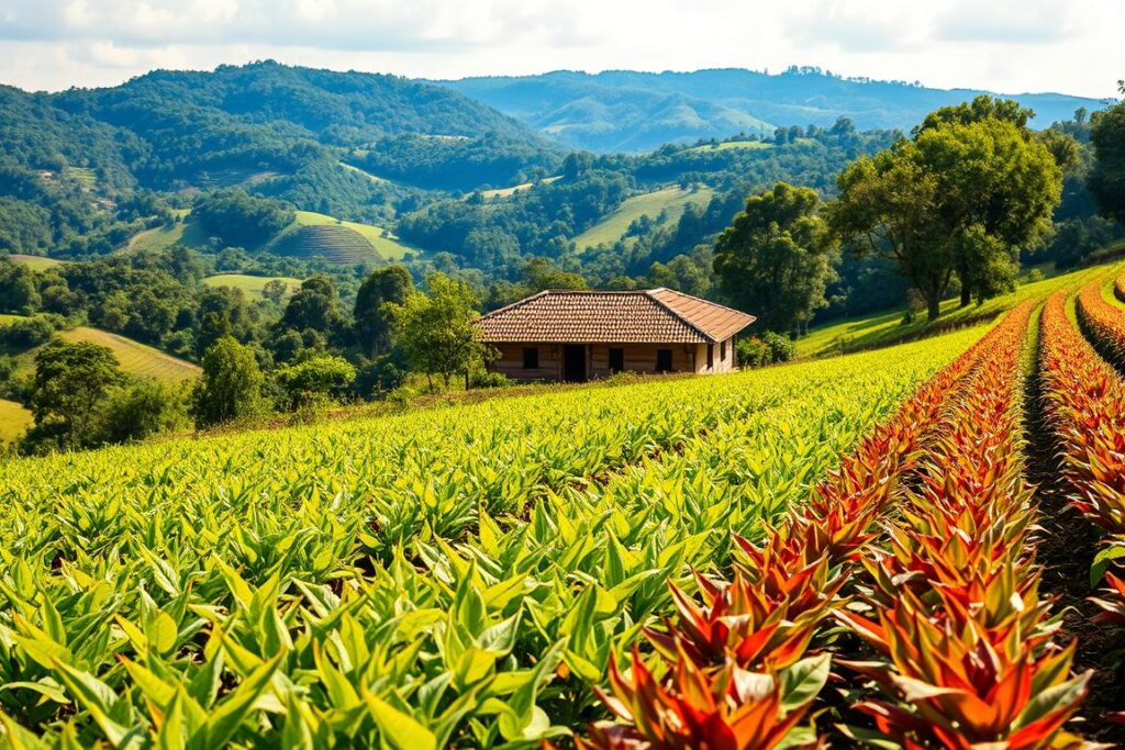 A lush, verdant landscape in the southern region of Brazil, showcasing traditional agricultural practices on small, up to 5-hectare properties. In the foreground, rows of vibrant crops sway gently in the warm, natural light, their varied hues and textures creating a visually captivating scene. The middle ground features a quaint, rustic farmhouse, its weathered wood and tiled roof blending seamlessly with the surrounding environment. In the background, rolling hills and dense forests provide a picturesque backdrop, evoking a sense of tranquility and harmony. The overall composition captures the essence of the region's traditional farming methods, highlighting their high yield and suitability for small-scale operations.