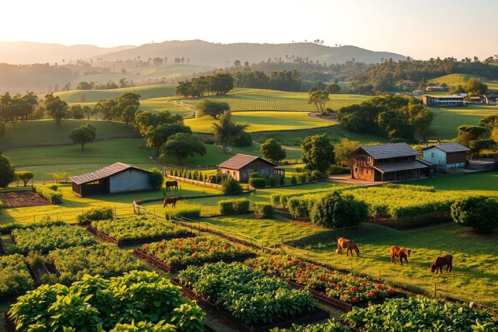 A lush, verdant landscape of successful small rural properties in Brazil. In the foreground, well-maintained farms with vibrant vegetable gardens, fruit orchards, and grazing livestock. Middle ground features quaint, rustic farmhouses with tiled roofs, surrounded by neatly fenced pastures. The background showcases rolling hills dotted with clusters of trees, casting soft, warm lighting across the scene. An atmosphere of prosperity, sustainability, and harmonious integration between nature and human stewardship. Captured with a wide-angle lens to convey a sense of scale and abundance within these thriving, compact rural holdings.
