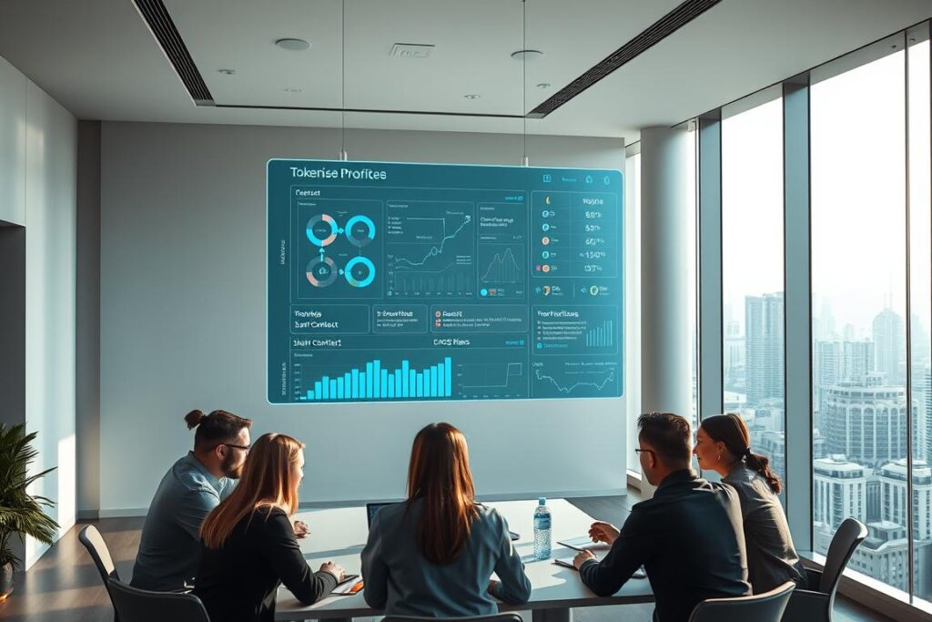 A modern, minimalist office interior with a large holographic display hovering over a sleek, tokenized project management dashboard. The display shows real-time data visualizations and smart contract workflows, radiating a sense of transparency and control. Soft, directional lighting illuminates the scene, casting long shadows and highlighting the futuristic, technology-driven atmosphere. In the foreground, a team of professionals are gathered around a table, deep in discussion, their faces reflecting a sense of collaborative governance over the tokenized project. The background features floor-to-ceiling windows, offering a panoramic view of a bustling city skyline, symbolizing the global reach and scale of the tokenized venture.