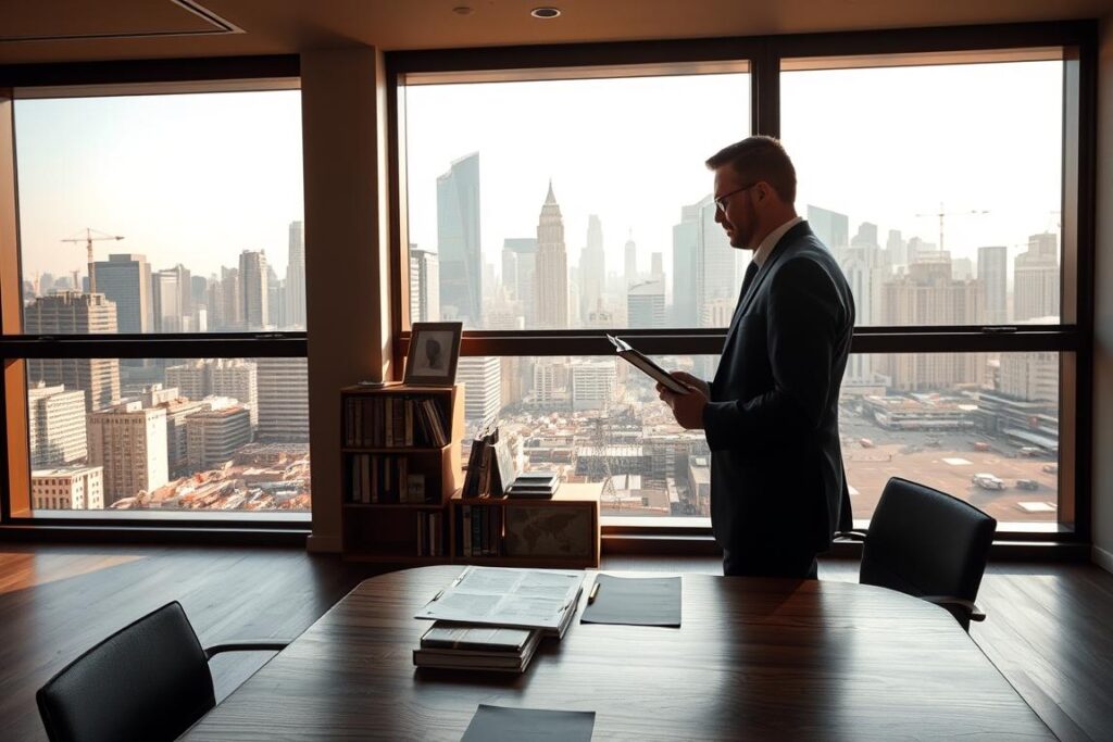A modern, minimalist office interior with a large window overlooking a bustling city skyline. In the foreground, a businessman in a suit stands at a wooden desk, studying documents and contracts related to foreign investment. The lighting is warm and natural, casting a subtle glow over the scene. The middle ground features bookshelves and framed artwork, conveying a sense of professionalism and sophistication. In the background, the cityscape is visible through the window, with skyscrapers and cranes, symbolizing the dynamic economic landscape. The overall mood is one of focus, confidence, and the potential for international growth.
