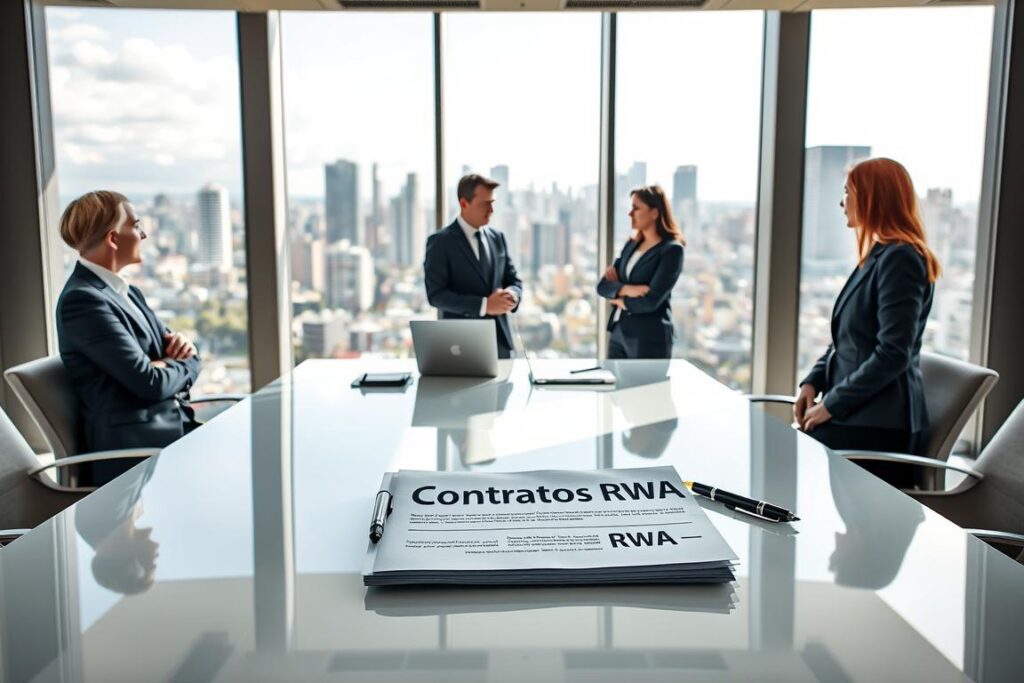 A modern, sleek office interior with a large table in the center, surrounded by businesspeople in formal attire engaged in discussion. The table features a stack of official-looking documents labeled 