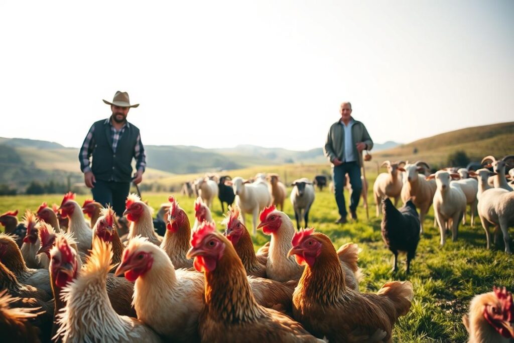 A pastoral scene showcasing successful producers of poultry and small ruminants. In the foreground, a farmer carefully tends to a flock of content chickens, their feathers gleaming in the soft, golden light. In the middle ground, a shepherd guides a herd of well-fed goats and sheep, their healthy coats reflecting the lush, verdant pasture. In the background, rolling hills and a cloudless sky set the stage for this idyllic agricultural tableau. The overall mood is one of prosperity, harmony, and a deep connection to the land. Captured with a wide-angle lens to emphasize the tranquil, expansive setting.