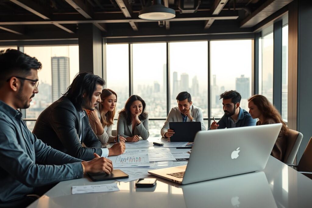 A professional business planning meeting in a modern office setting. In the foreground, a group of diverse entrepreneurs gathered around a large conference table, deep in discussion and sketching ideas on a whiteboard. Soft, indirect lighting illuminates the scene, casting warm shadows that convey a sense of focus and collaboration. In the middle ground, a sleek laptop displays financial projections and market research, while the background features floor-to-ceiling windows overlooking a bustling cityscape, emphasizing the global scope of the endeavor. An atmosphere of creativity, problem-solving, and high-stakes decision-making permeates the space, capturing the essence of transforming a raw material into a successful, functional product.