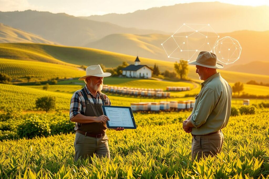 A rural agricultural landscape, bathed in warm, golden sunlight. In the foreground, two farmers stand amidst lush green fields, reviewing a digital tablet displaying a smart contract interface. Behind them, a modern farmhouse nestled among rolling hills, with beehives dotting the surrounding landscape. In the distance, a blockchain-powered ledger system is depicted, symbolizing the integration of blockchain technology into the honey production process. The overall scene conveys a harmonious blend of traditional farming practices and innovative digital solutions, reflecting the concept of 