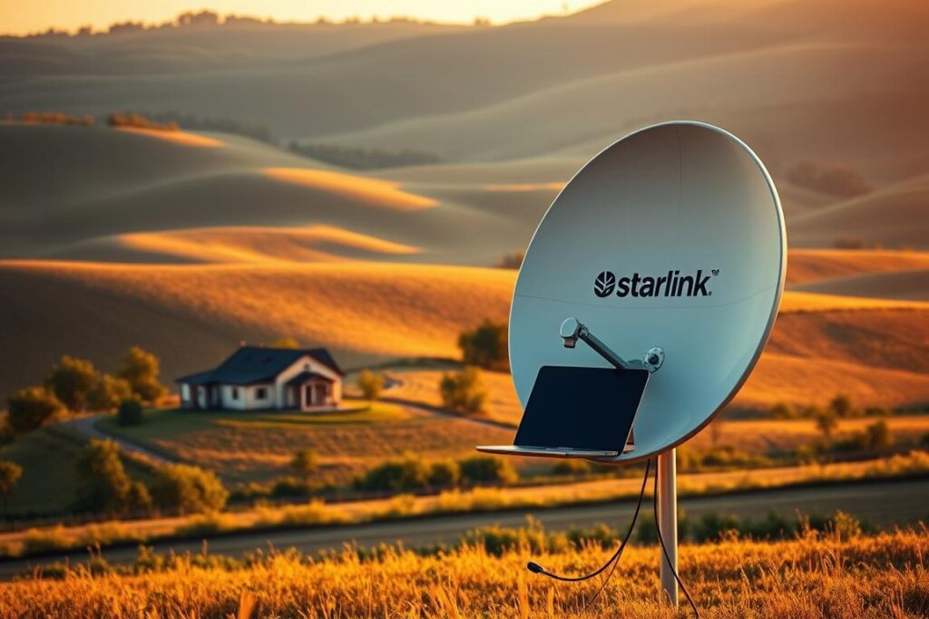 A rural landscape bathed in warm, golden sunlight, showcasing a small farmhouse nestled amidst rolling hills and lush greenery. In the foreground, a Starlink satellite dish stands tall, its sleek, modern design a striking contrast to the traditional pastoral setting. The dish is connected to a laptop or tablet, demonstrating the seamless integration of high-speed internet technology with the needs of the rural producer. The scene conveys a sense of progress and innovation, where cutting-edge communication networks empower agricultural communities, enabling them to thrive in areas with traditionally poor connectivity.