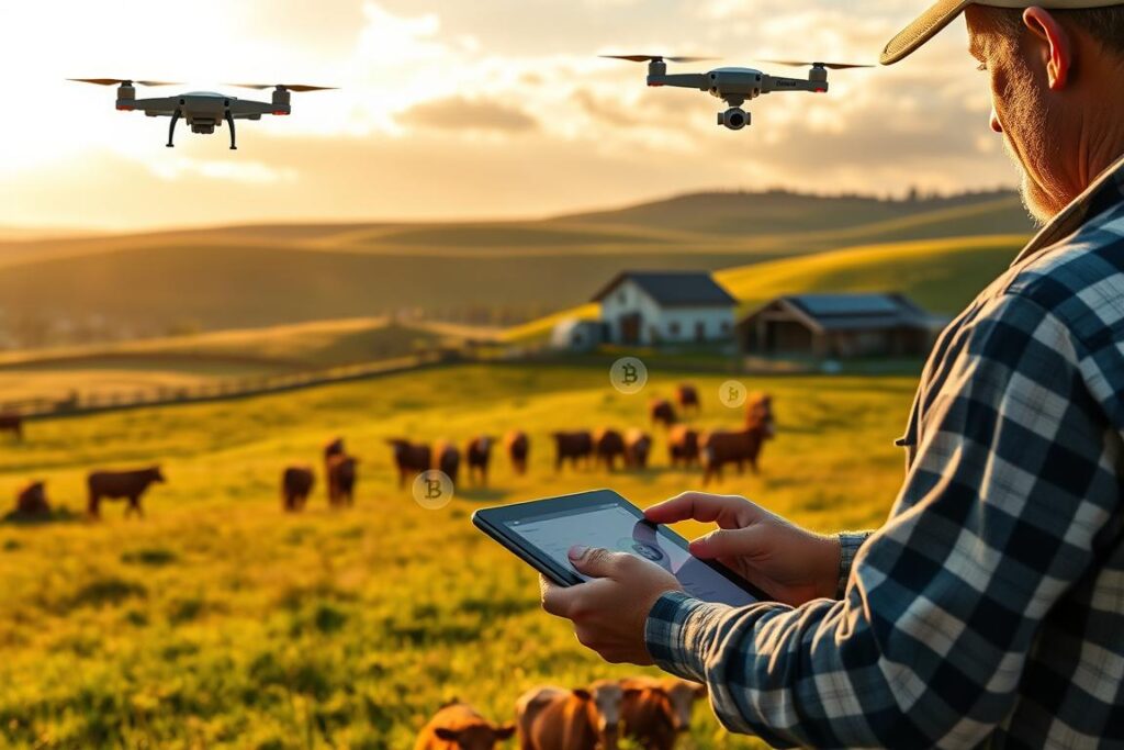 A rural landscape with a rolling hills and verdant pastures. In the foreground, a farmer is using a tablet to interact with a smart contract interface, symbols of blockchain technology floating around. In the middle ground, a herd of cattle graze peacefully, their movements and locations tracked by a drone hovering overhead. The background features a modern farmhouse and outbuildings, solar panels on the roofs hinting at sustainable energy solutions. Warm golden light filters through wispy clouds, creating a serene, hopeful atmosphere. The scene conveys the integration of cutting-edge digital technologies like smart contracts and drones to optimize and streamline sustainable pastoral management.