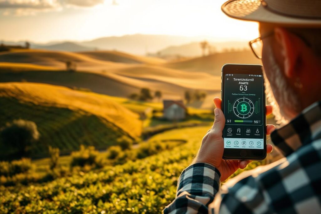 A rural landscape with rolling hills, lush vegetation, and a small farmhouse in the distance. In the foreground, a farmer inspects a smartphone displaying a blockchain interface, highlighting the concept of tokenization of rural assets. The scene is bathed in warm, golden sunlight, conveying a sense of tranquility and prosperity. The composition emphasizes the harmony between traditional agricultural practices and modern financial technologies, showcasing the potential of integrating blockchain solutions to generate additional income for small-scale farmers.