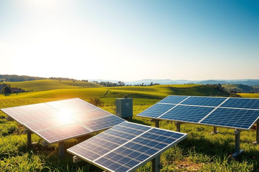 A rural solar energy system in a lush, sun-dappled field. In the foreground, a cluster of sleek, modern solar panels mounted on sturdy metal frames, their glossy surfaces reflecting the warm, golden light of the sun. In the middle ground, a small but efficient-looking inverter and battery bank, neatly arranged and connected to the panels. The background showcases a rolling, verdant landscape, with distant hills and a clear, azure sky overhead, suggesting the abundant natural resources powering this self-sufficient energy setup. The scene conveys a sense of tranquility, sustainability, and the transformative potential of renewable energy, even in a modest, rural setting.