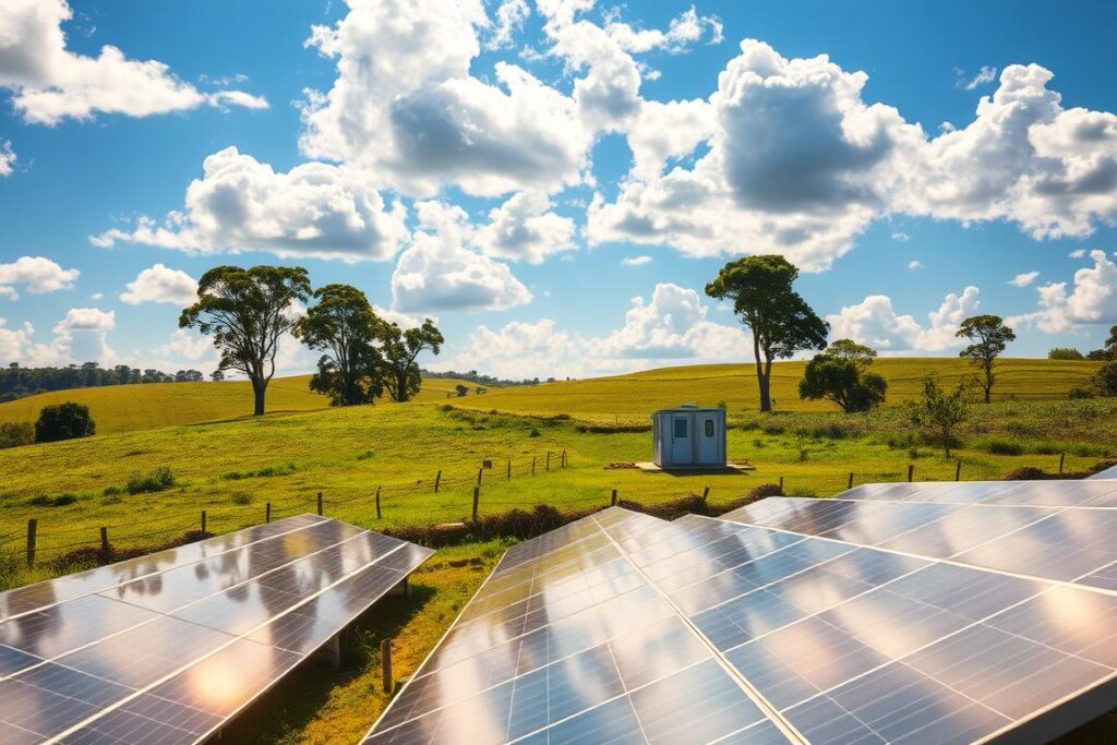 A rural solar power plant nestled amidst rolling hills and lush greenery. In the foreground, rows of shimmering solar panels bask in the warm, golden sunlight, their sleek, minimalist design complementing the natural surroundings. In the middle ground, a compact, modular solar station stands proud, its modern architecture blending seamlessly with the pastoral landscape. Towering trees and fluffy clouds in a vibrant blue sky form the picturesque background, creating a sense of tranquility and harmony. The scene conveys a vision of sustainable, self-sufficient energy generation in a small-scale, rural setting, capturing the essence of 