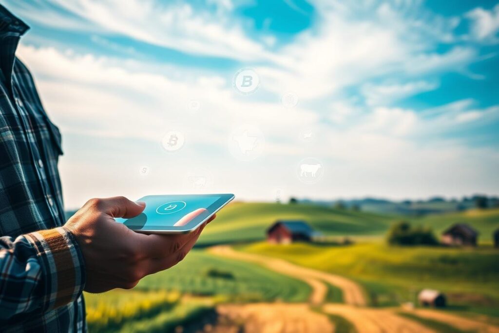A rural tokenization platform with a modern, clean interface. In the foreground, a farmer's hands interacting with a touchscreen display, showcasing the intuitive user experience. In the middle ground, digital tokens representing land parcels, livestock, and crops float ethereally, highlighting the asset digitization process. The background features rolling green hills, a blue sky with wispy clouds, and a distant farmhouse, conveying a sense of pastoral tranquility. Warm, natural lighting casts a soft glow over the scene, creating an inviting and trustworthy atmosphere. The overall composition emphasizes the seamless integration of traditional agriculture and emerging blockchain technology.