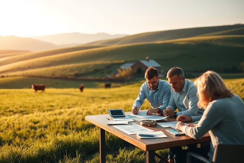 A serene landscape of a rural property, featuring a rolling green meadow dotted with grazing cattle and a lone farmhouse in the distance. The foreground showcases a group of people gathered around a table, intently examining financial documents and digital devices, symbolizing the financial and legal aspects of tokenizing the property. Soft, warm lighting illuminates the scene, creating a contemplative atmosphere. The background depicts rolling hills and a clear sky, conveying a sense of tranquility and the natural beauty of the countryside. The overall composition emphasizes the harmonious integration of traditional agricultural elements with the modern technological and financial considerations of property tokenization.