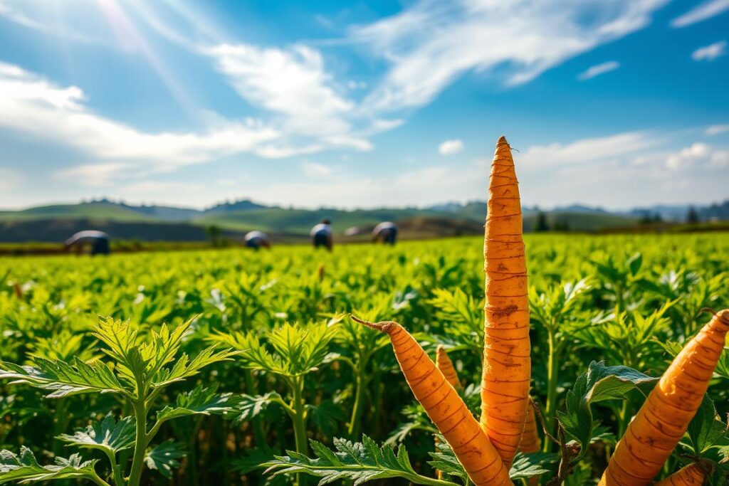 A serene outdoor setting with a lush, verdant field of vibrant turmeric plants. In the foreground, a close-up view of the plant's striking orange-yellow rhizomes, their intricate patterns and textures captured in vivid detail. Sunlight filters through wispy clouds, casting a warm, golden glow over the scene. In the middle ground, a group of farmers carefully tending to the crop, their motions and expressions conveying a sense of pride and diligence. The background features a backdrop of rolling hills and a clear, azure sky, suggesting the idyllic setting of a turmeric farm. The overall mood is one of natural abundance, artisanal craftsmanship, and the promise of a bountiful harvest.