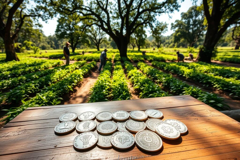 A serene, sunlit chácara (small farm) filled with lush, verdant crops. In the foreground, neatly organized agricultural tokens, or 