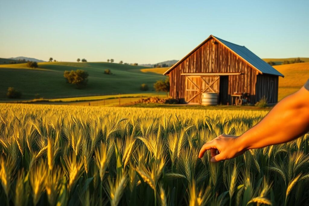 A small rural farm nestled in a lush, verdant landscape. In the foreground, a farmer carefully tending to a flourishing crop of wheat, their hands calloused from years of hard work. In the middle ground, a rustic barn with weathered wooden panels and a corrugated metal roof, casting long shadows across the field. In the background, rolling hills dotted with clusters of trees, bathed in the warm, golden glow of the setting sun. The scene radiates a sense of tranquility and connection to the land, inviting the viewer to imagine the journey of this agricultural NFT from seed to harvest.