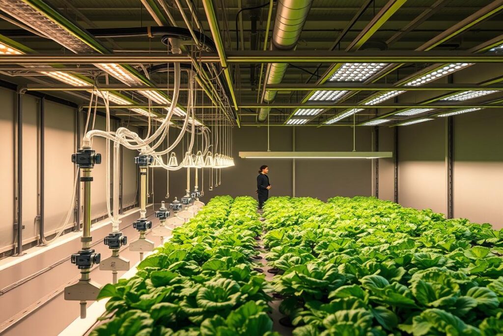 A sophisticated hydroponic irrigation system for isoponic cultivation. A sleek network of transparent tubes and valves disperses nutrient-rich water evenly across a raised, modular growing bed. Overhead, an array of energy-efficient LED grow lights bathe the verdant foliage in a warm, natural glow. The system is housed within a minimalist, climate-controlled greenhouse structure, allowing for year-round, sustainable food production. Crisp shadows and reflections create a sense of depth and precision engineering. The overall scene conveys a harmonious integration of technology and nature, poised to yield a bountiful, lush crop.