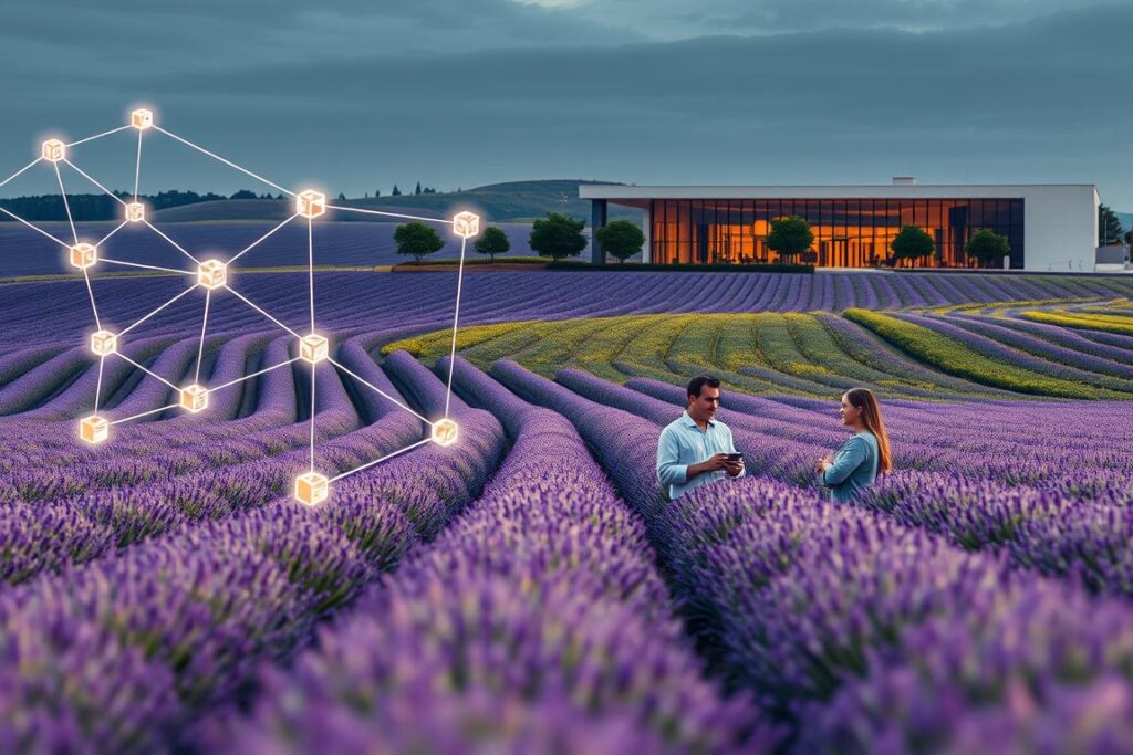 A sprawling agricultural field, with rows of lush, fragrant lavender plants swaying in the gentle breeze. In the foreground, a network of interconnected blockchain nodes, represented by glowing cubes, overlays the landscape, symbolizing the integration of digital technology with traditional farming practices. The middle ground features a group of farmers and investors engaged in discussion, their faces lit by the warm glow of tablet screens displaying financial data and smart contract details. In the background, a modern office building with sleek, minimalist architecture stands as a testament to the intersection of agriculture and finance. The scene is bathed in a soft, golden light, conveying a sense of harmony and progress. The overall atmosphere evokes a future where agricultural production is seamlessly tokenized, empowering small-scale farmers and attracting a new wave of responsible investors.