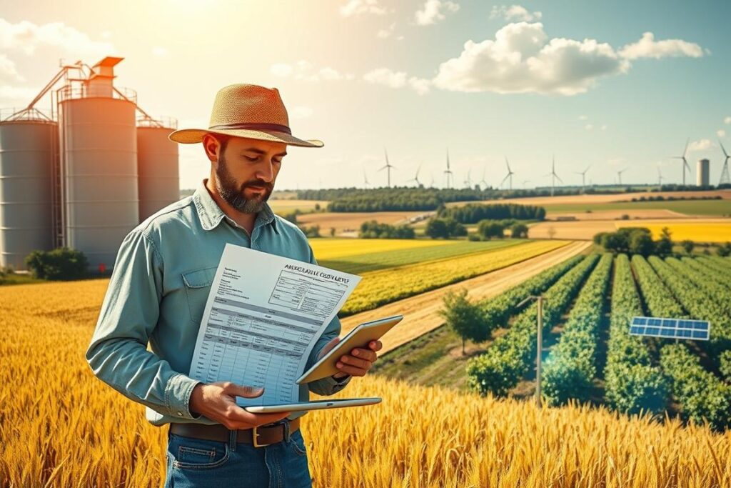A sun-drenched rural landscape, lush fields of golden wheat contrasted by the sleek, futuristic architecture of agricultural tokens. In the foreground, a farmer stands, thoughtfully comparing the traditional ledger of a rural credit statement to the shimmering blockchain interface displayed on a tablet. Towering silos and verdant orchards occupy the middle ground, while the distant horizon is dotted with wind turbines and solar panels, hinting at the intersection of old and new. The scene exudes a sense of progress and innovation, where the tangible and the digital coexist in harmony, shaping the future of agricultural finance.