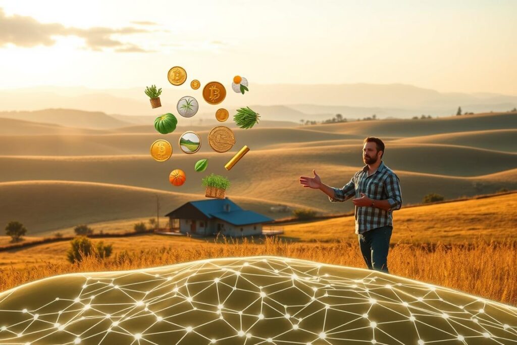A tranquil rural landscape with a small farmhouse nestled among rolling hills. In the foreground, a cluster of tokenized digital assets representing various agricultural products and resources float above a blockchain ledger. Soft, golden light filters through wispy clouds, casting a warm glow over the scene. In the middle ground, a farmer gestures toward the floating assets, explaining the concept of passive income generation through the tokenization of rural assets. The background features a serene horizon, with distant mountains and a clear blue sky. The overall mood is one of peaceful prosperity, highlighting the potential for small landowners to harness blockchain technology to create new revenue streams.