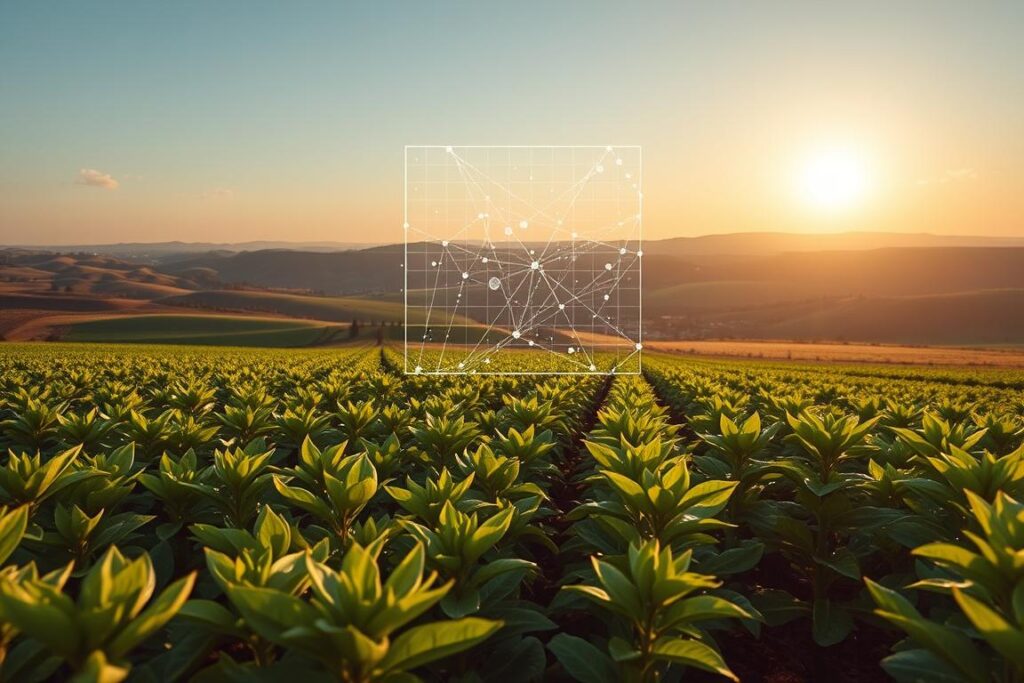 A vast, lush agricultural landscape in the warm glow of the afternoon sun. In the foreground, rows of vibrant, organic peppercorn plants stretch out, their leaves rustling in the gentle breeze. Towering in the middle ground, a blockchain-powered smart contract platform seamlessly tracks the journey of each peppercorn, from soil to shelf, visualized through a holographic display. In the distance, rolling hills dotted with small farms, all connected through a decentralized network of NFT-based traceability. The scene exudes a sense of technological innovation harmoniously integrated with sustainable, ethical farming practices.