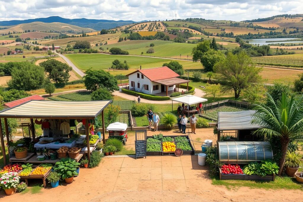 A vibrant and diverse rural landscape, showcasing a small chácara (farmstead) teeming with various activities. In the foreground, a bustling farmer's market stall offers an array of locally grown produce, artisanal crafts, and homemade delicacies. Nearby, a well-tended organic vegetable garden and a cozy greenhouse suggest year-round food production. In the middle ground, a quaint farmhouse is surrounded by a flourishing agritourism enterprise, with visitors enjoying a guided tour, a farm-to-table dining experience, and serene nature walks. The background depicts rolling hills, lush orchards, and a serene pond, hinting at the diverse revenue streams and sustainable practices that make this small chácara a thriving, year-round operation.