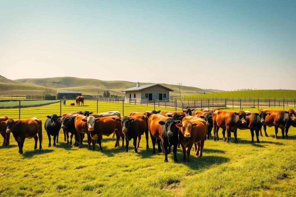 A vibrant pastoral scene showcasing the lucrative potential of livestock farming. In the foreground, a herd of well-fed cattle graze on lush green pastures, their healthy coats gleaming in the warm, golden sunlight. In the middle ground, a modest yet well-maintained farm structure stands, surrounded by neatly fenced enclosures and neat rows of crops. The background features rolling hills and a cloudless sky, conveying a sense of tranquility and prosperity. The composition is balanced, with the animals taking center stage, reflecting the profitability of this agricultural endeavor. Captured with a wide-angle lens, the scene exudes an air of rustic charm and economic opportunity for small-scale farming operations.