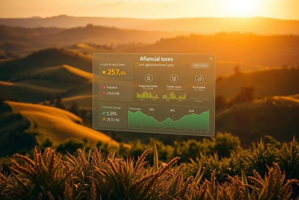 A vibrant rural landscape with rolling hills and lush greenery in the background. In the foreground, a modern financial technology platform featuring a sleek, minimalist user interface. A series of dynamic blockchain-based tokens representing various agricultural commodities and financial instruments are being traded and exchanged, facilitating seamless access to credit and capital for farmers and agribusinesses. The scene is illuminated by warm, golden sunlight, conveying a sense of progress, innovation, and empowerment in the face of traditional banking challenges. The overall atmosphere is one of technological advancement harmoniously integrated with the natural rhythm of the countryside.