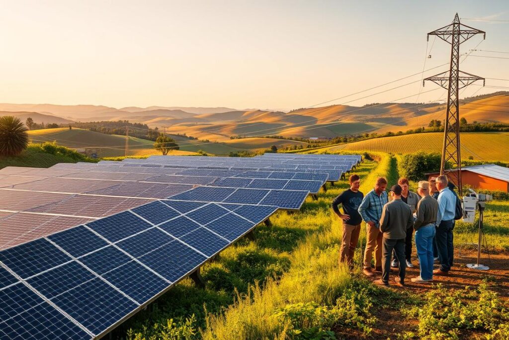 A vibrant solar farm nestled in a lush countryside, with solar panels strategically arranged to capture the sun's energy. In the foreground, a group of farmers gather around a blockchain-enabled control panel, monitoring and managing the shared solar power system. The midground features a network of transmission lines and smart meters, connecting the individual properties and distributing the renewable energy. In the background, rolling hills and a clear sky create a serene and sustainable environment. Warm lighting illuminates the scene, highlighting the collaborative nature of this shared solar project and the harmonious integration of technology and nature.