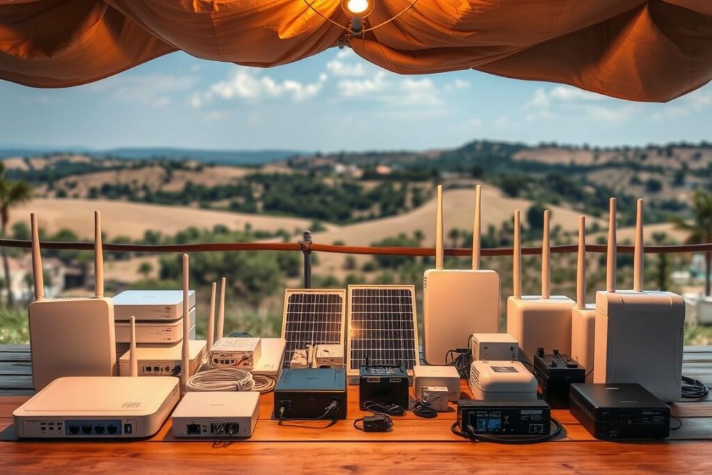 A well-organized rural network equipment setup, illuminated by warm, diffused lighting from above. In the foreground, a variety of affordable, durable networking devices like access points, routers, and outdoor wireless units are displayed on a wooden surface. The middle ground showcases small solar panels, batteries, and power converters, highlighting the off-grid capabilities. In the background, a rolling landscape of hills and trees suggests the rural setting, with a clear sky and a sense of tranquility. The overall scene conveys a practical, cost-effective solution for establishing community-based internet connectivity in remote areas.