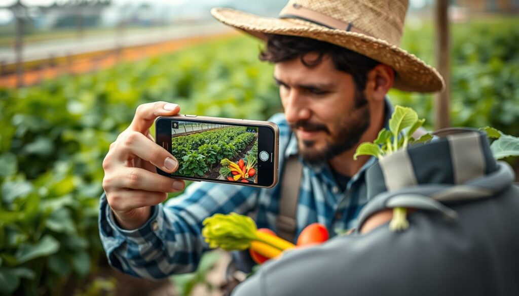 Agricultor criando conteúdo para redes sociais sobre produtos agrícolas para mercados diretos online para pequenos agricultores