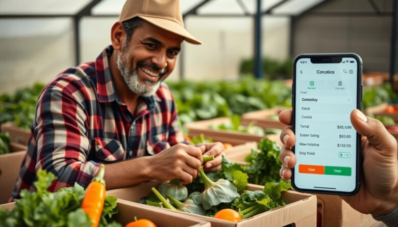 Agricultor familiar vendendo produtos diretamente ao consumidor em mercados diretos online para pequenos agricultores