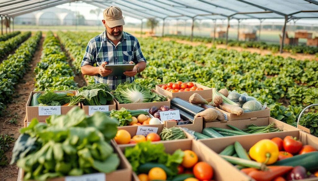 Agricultor organizando cestas de produtos para entrega direta ao consumidor em mercados diretos online para pequenos agricultores
