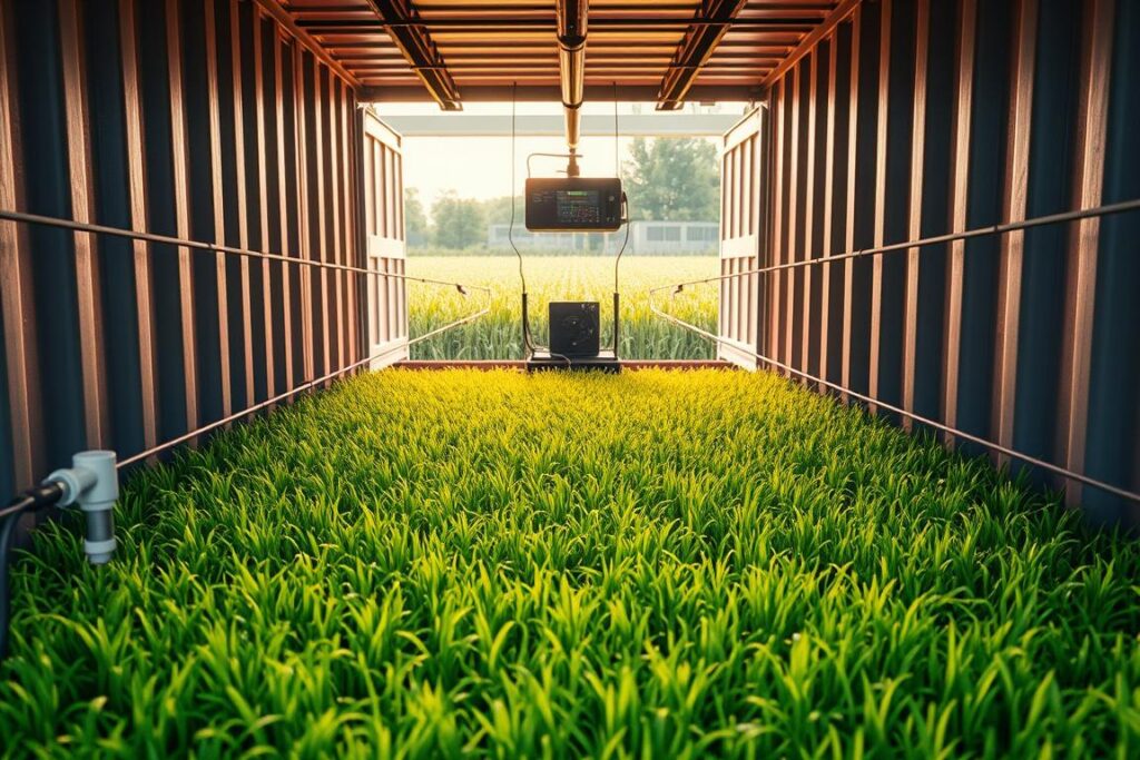 An automated irrigation system for a hydroponic grass field in a shipping container. The foreground shows the container's interior with precisely placed irrigation nozzles, water pipes, and a central control panel. The middle ground features a lush, verdant hydroponic grass carpet, with evenly spaced blades catching the warm, diffused lighting from above. The background depicts the exterior of the shipping container, with a utilitarian, industrial aesthetic complemented by the verdant greenery visible through the container's open doors. The overall atmosphere is one of efficient, high-tech agriculture, blending modern engineering with the natural growth of the hydroponic grass.