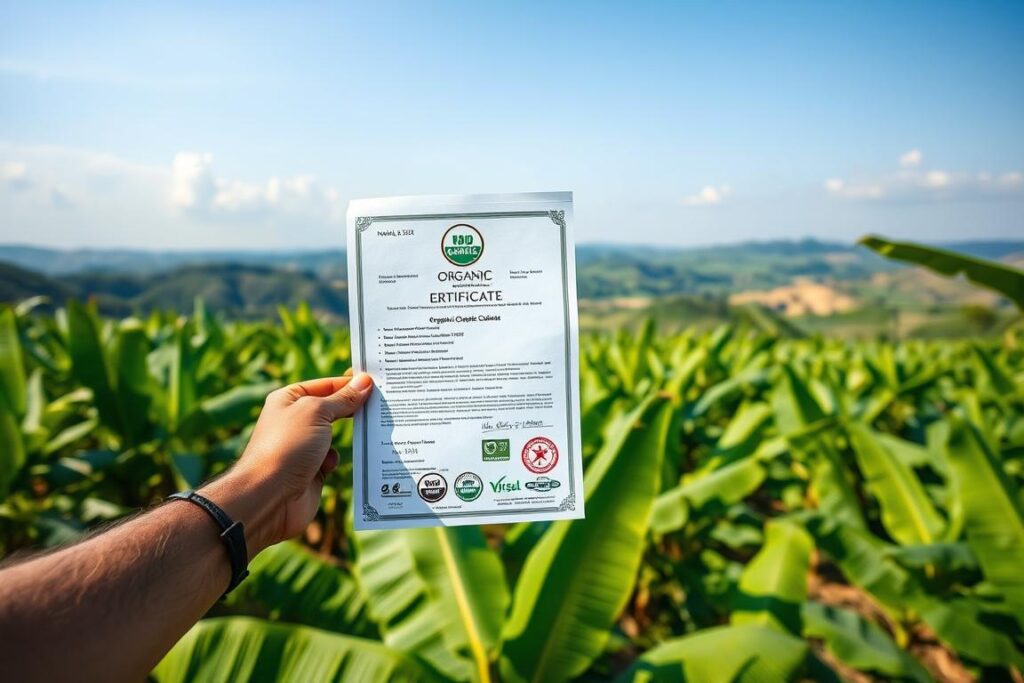 An expansive field of verdant organic banana plants, their broad leaves rustling gently in the warm breeze. In the foreground, a farmer proudly holds up an official organic certification document, stamped with international seals of approval. The midground features a close-up view of the document's intricate designs and holographic security elements, conveying its legitimacy and global recognition. In the background, a panoramic vista of undulating hills and a cloudless azure sky, bathed in soft, diffused natural lighting that enhances the scene's serene, pastoral ambiance. The overall image exudes a sense of authenticity, sustainability, and the farmer's diligence in adhering to rigorous organic standards to meet the demands of the international market.