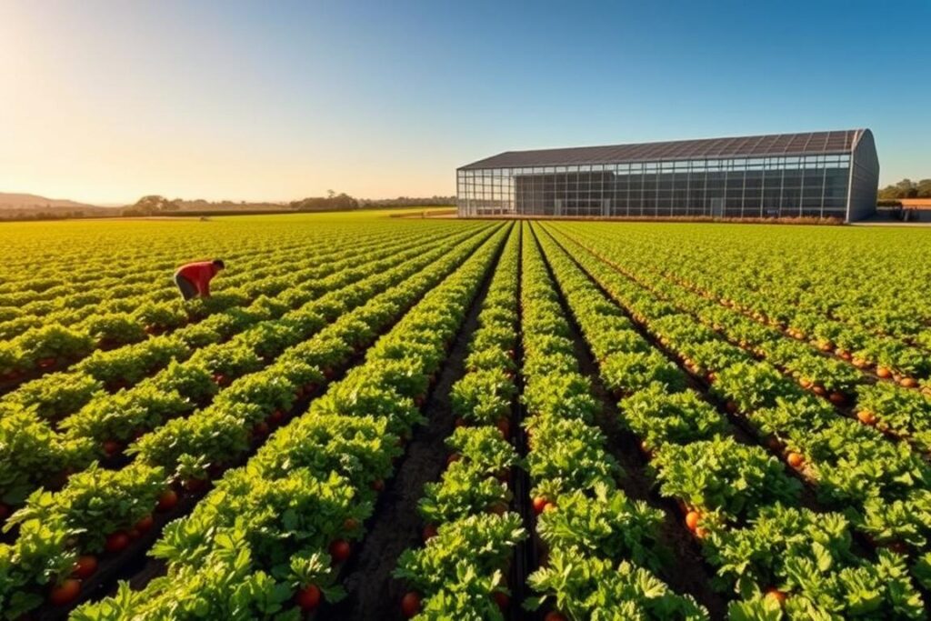 An expansive, meticulously cultivated field of high-yield crops stretches across the Centro-Oeste region of Brazil. Lush, verdant rows of vibrant vegetables - carrots, lettuce, tomatoes - thrive under the warm, golden sunlight and clear blue skies. In the foreground, workers tend to the crops with practiced efficiency, their movements fluid and purposeful. The middle ground showcases the scale and density of the operation, row upon row of neatly manicured beds. In the background, a modern agricultural facility stands, its steel and glass structure gleaming, symbolizing the cutting-edge technology and infrastructure supporting these intensive, high-output cultivations. The scene conveys a sense of abundance, productivity, and the economic potential of small-scale, technology-driven farming in this dynamic region.
