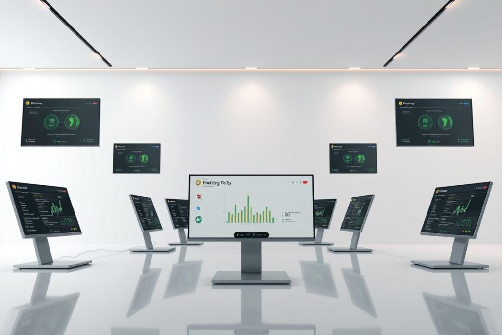 An ultra-detailed, photorealistic image of several secure, enterprise-grade tokenization platforms for agricultural production in Brazil, with a modern, minimalist user interface displayed on a series of sleek, high-resolution displays. The platforms are arranged in an elegant, symmetrical layout, with a clean, white background and subtle ambient lighting from above, creating a professional, technological atmosphere. The displays show interactive dashboards, transaction histories, and other key features, conveying the platforms' sophisticated functionality and security. The overall scene communicates trust, transparency, and the empowerment of small producers to access capital markets through innovative blockchain-based solutions.