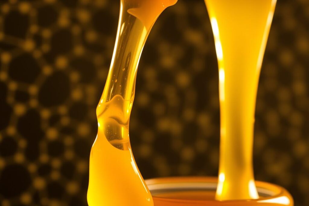 Certificação de mel orgânico via blockchain: A close-up view of a golden, viscous liquid being carefully poured into a glass jar, showcasing the purity and authenticity of the organic honey. In the background, a blockchain-inspired pattern of interconnected hexagons and data streams subtly conveys the traceability and transparency of the certification process. Soft, warm lighting illuminates the scene, creating a sense of trust and reliability. The overall composition highlights the harmony between traditional beekeeping practices and modern digital technology, reflecting the section's theme of 