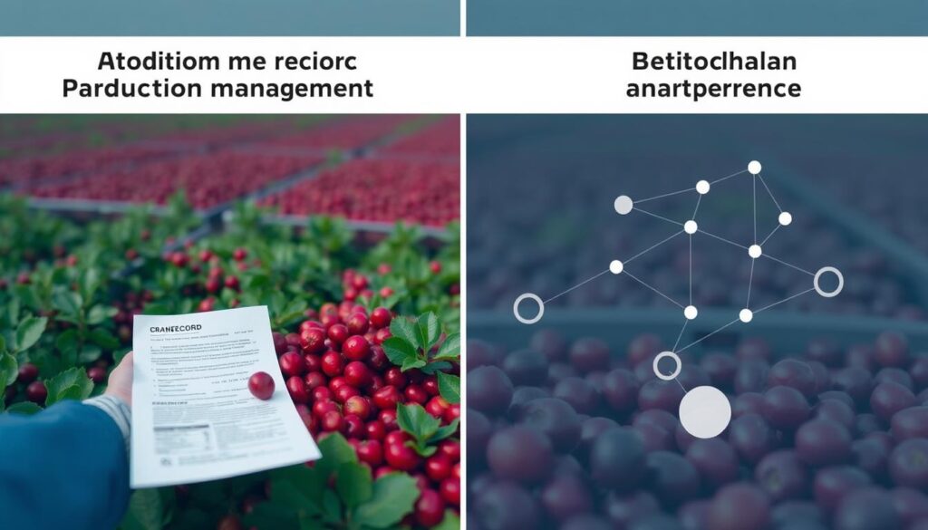 Comparação visual entre sistema tradicional e blockchain na produção de cranberry