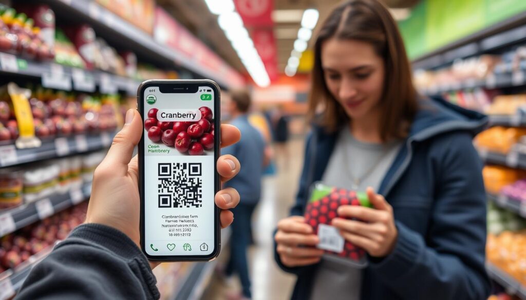 Consumidor escaneando QR code em embalagem de cranberry para acessar informações de rastreio blockchain