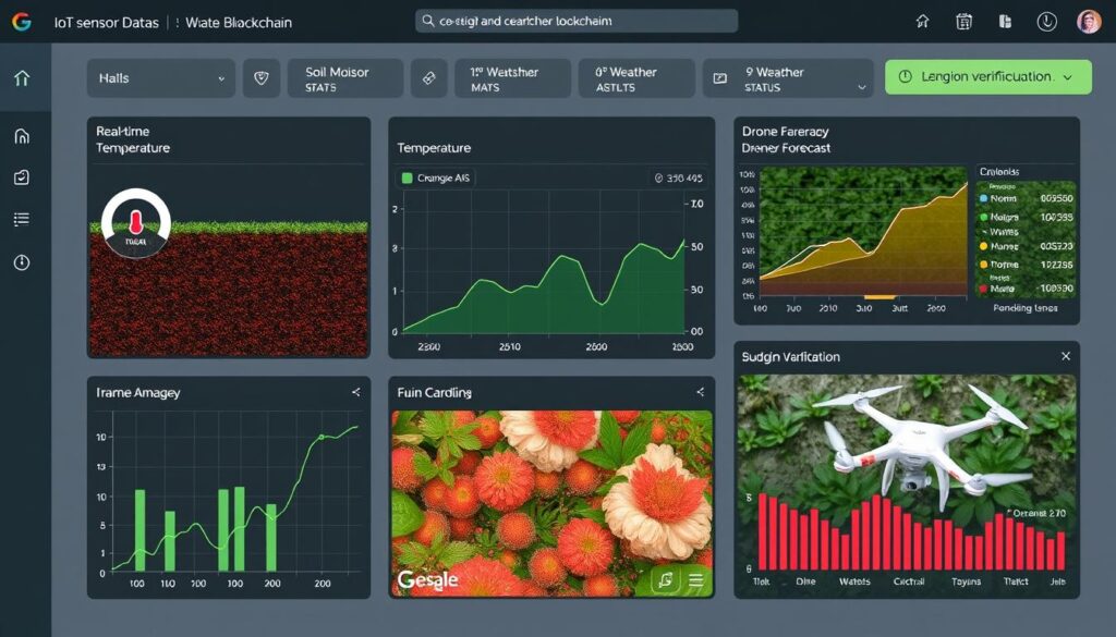 Dashboard mostrando dados de sensores IoT integrados com blockchain na produção de cranberry