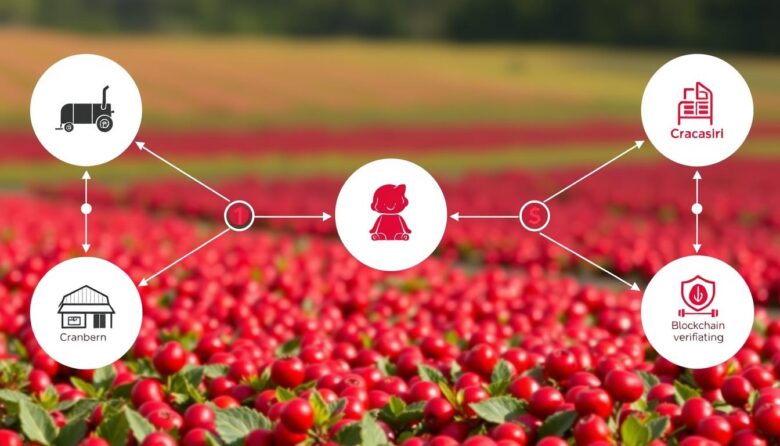 Diagrama mostrando como o blockchain funciona na cadeia produtiva de cranberry