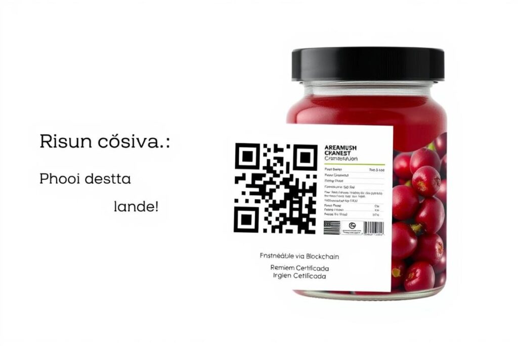 Embalagem de cranberry premium com QR code de rastreio blockchain